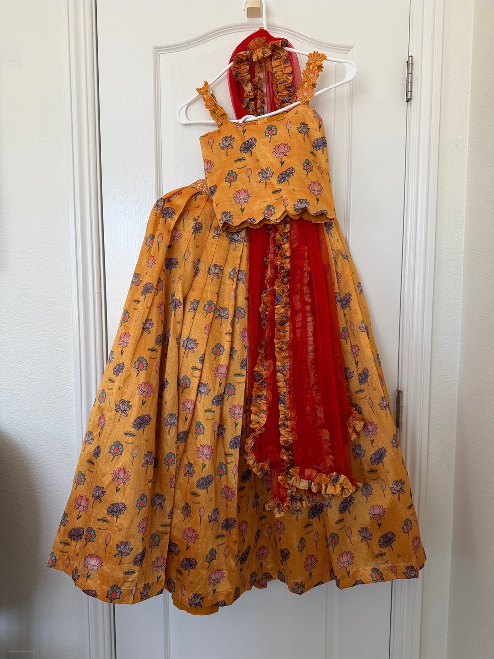 Girls Yellow Floral Lehenga Set with Red Dupatta